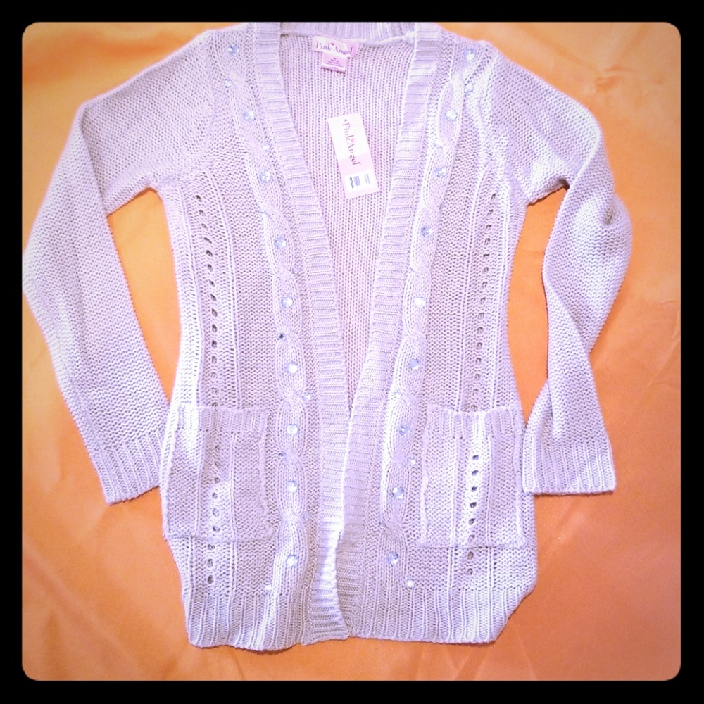 Open cable cardigan with rhinestones and pockets